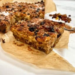 Traditional Bread Pudding, close up slice