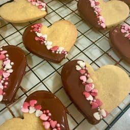 Finished chocolate coated shortbread heart biscuits for Valentines Day